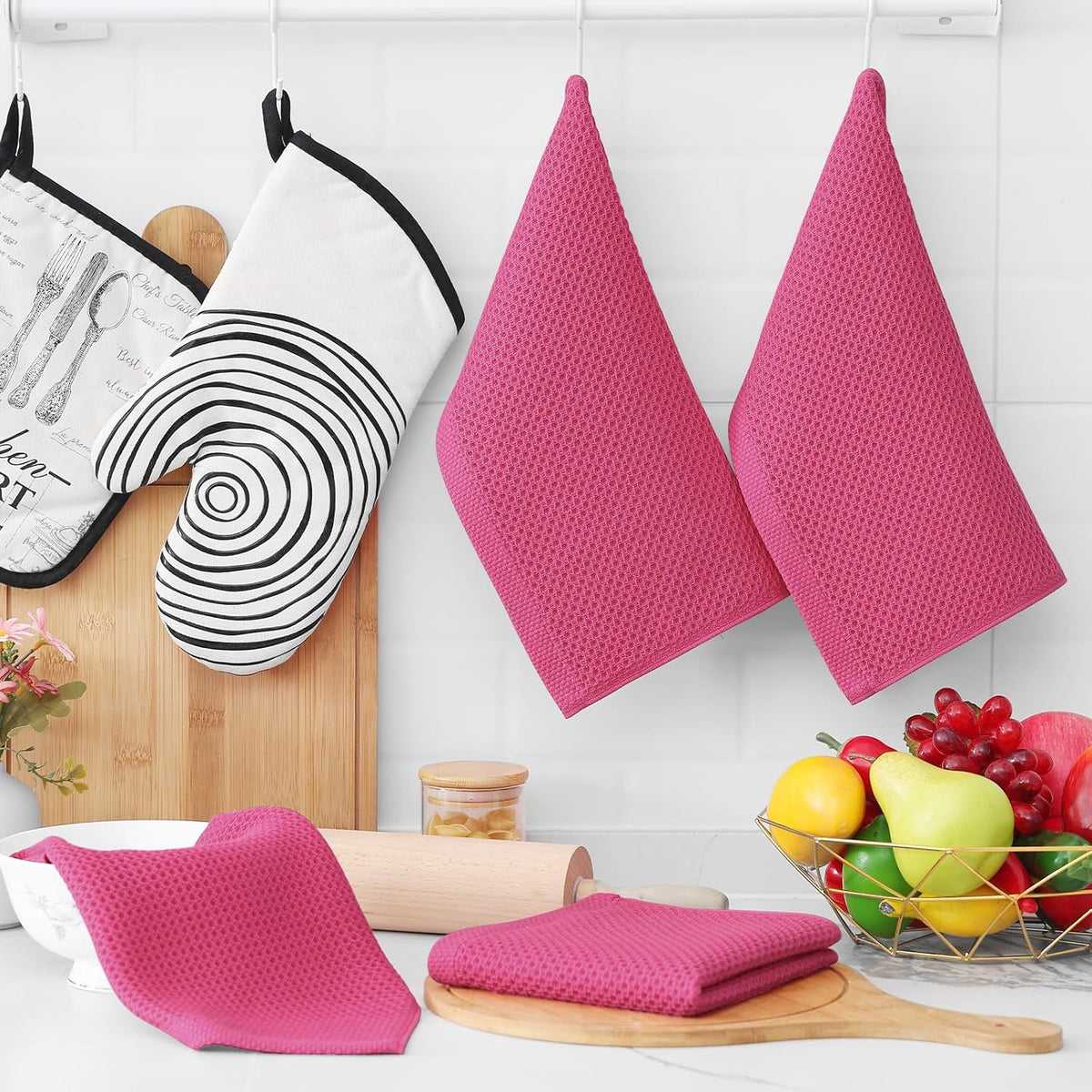 Homaxy 100% Cotton Waffle Weave Kitchen Dish Cloths, Ultra Soft Absorbent Quick Drying Dish Towels, 12 x 12 Inches, 12-Pack, Hot Pink