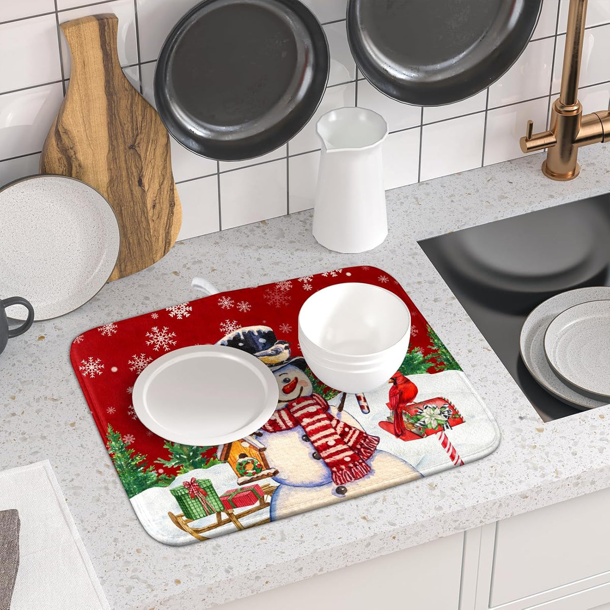 Winter Snowman Dish Drying Mat Red Bird Microfiber Dish Pad 16x18 Inch Absorbent Fast Dry Dishes Draining Mats Holiday Kitchen Accessories