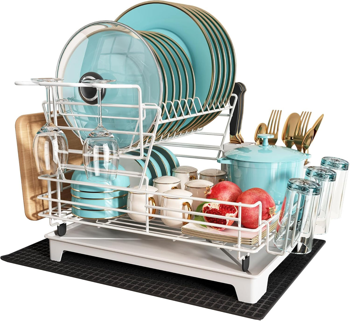 BOOSINY 2 Tier White Large Stainless Steel Dish Drainers Drying Rack for Kitchen Counter with Drainboard, Rust Proof Metal, Space Saving, Modern Aesthetic, Compact Plates Strainers with Extra Mat