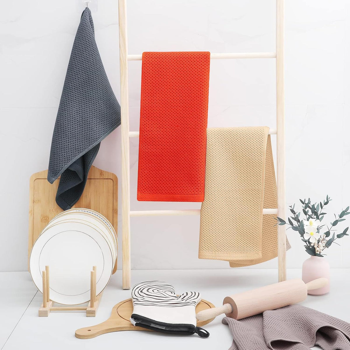 Homaxy 100% Cotton Waffle Weave Kitchen Dish Towels, Ultra Soft Absorbent Quick Drying Cleaning Towel, 13 x 28 Inches, 8-Pack, Apricot