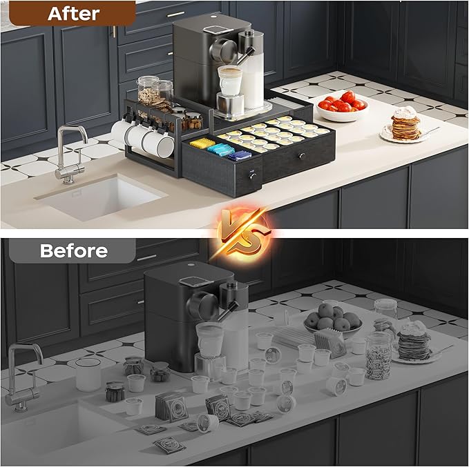 Homeiju Coffee Pod Drawers - K Cup Organizer, Nespresso Pods Holder with Mug Rack, Coffee Holder for Countertop, 52 Capacity Pods, Suitable for Kitchens, Offices and Coffee Bars(Black)