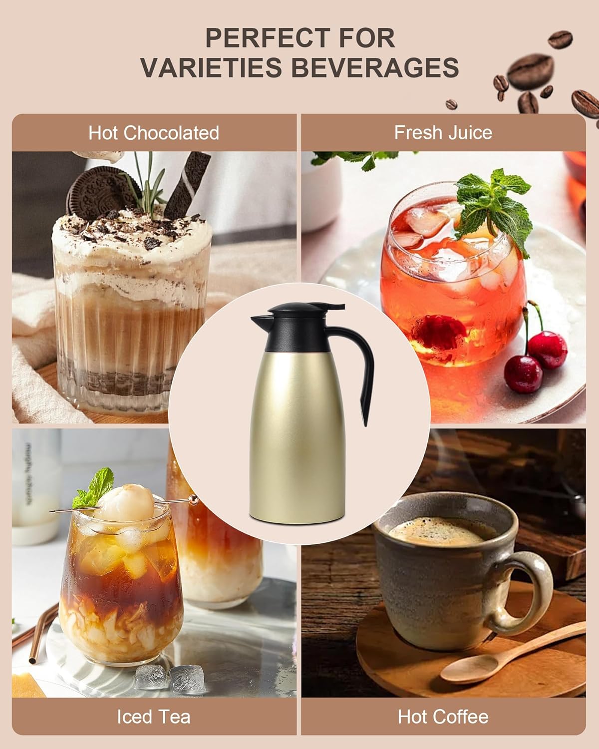 70 OZ Updated Thermal Coffee Carafe for keeping hot, 2 PCS Carafe for hot liquid, Insulated Stainless Steel Vacuum Thermal Pot for Coffee, Hot Water,Keep Hot 12 Hours (Gold+Gold)