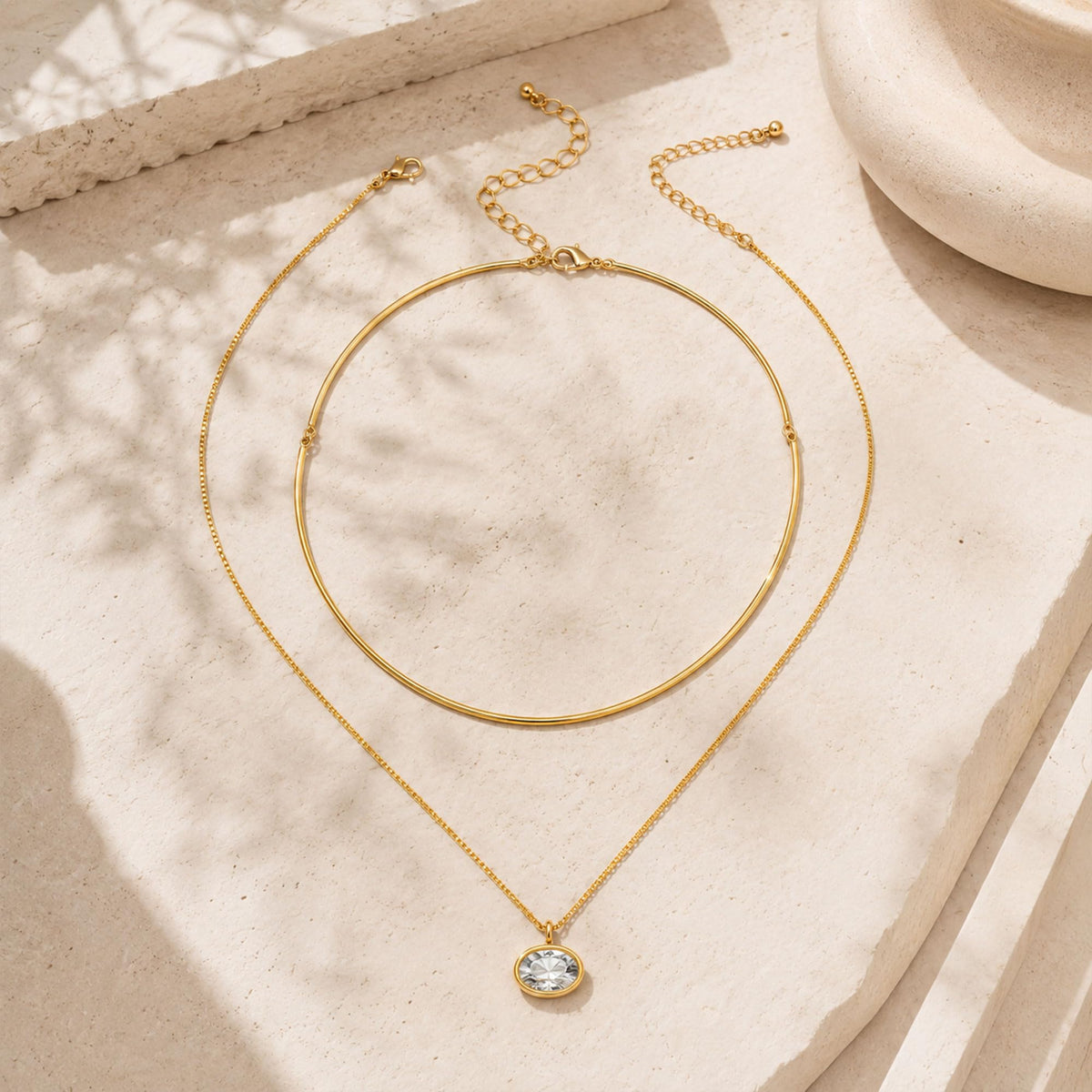 Oval CZ Gold Collar Charm Necklace for Women Layered Bangle Choker Necklace