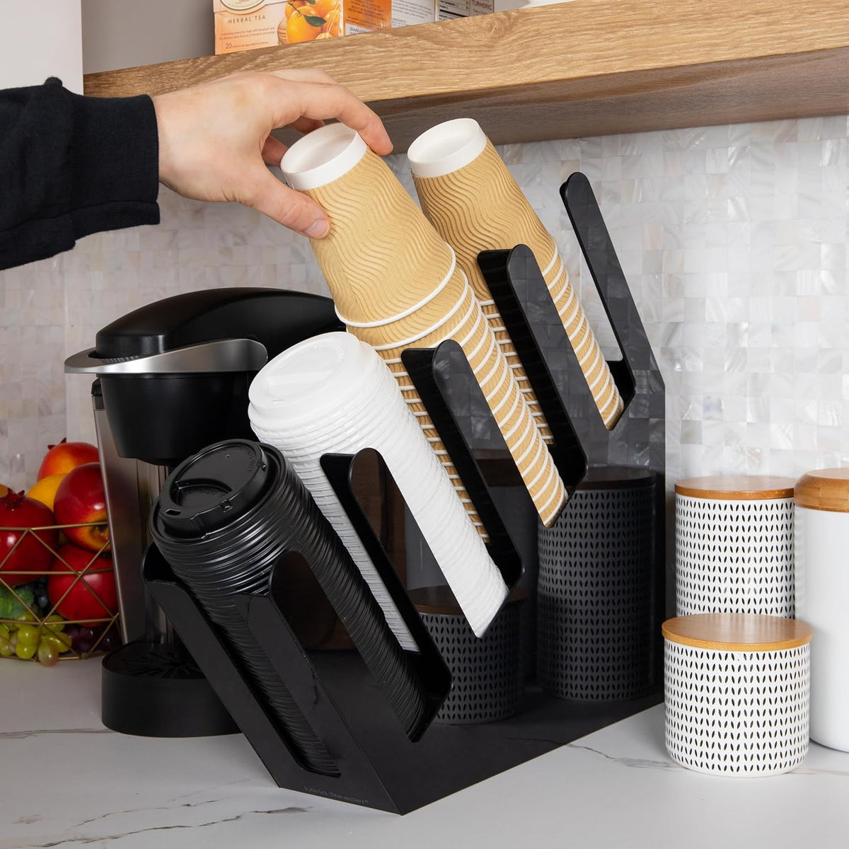 Mind Reader Cup and Lid Dispenser, Countertop Org, Coffee Bar, Beverage Cup, Kitchen, Breakroom, 4"L x 18"W x 16"H, Black