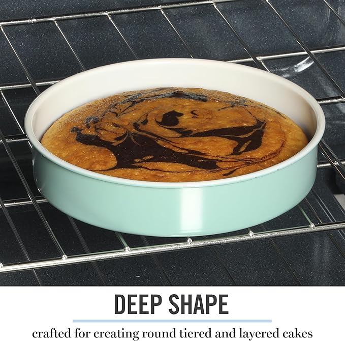 Martha Stewart Gallen 8 Inch Round Nonstick Carbon Steel Cake and Bake Pan - Teal Durable Bakeware for Cakes, Pies & Desserts