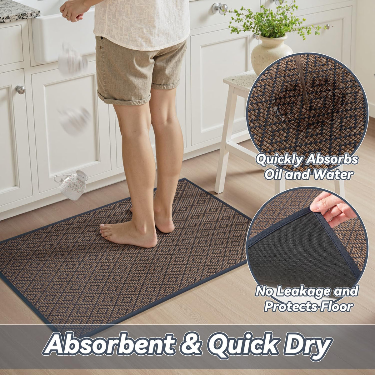 PADOOR Kitchen Floor Mat, Rubber Backed Kitchen Rugs Non Slip Washable, Super Absorbent Kitchen Mats for Floor Front of Sink, 17"x24" Blue