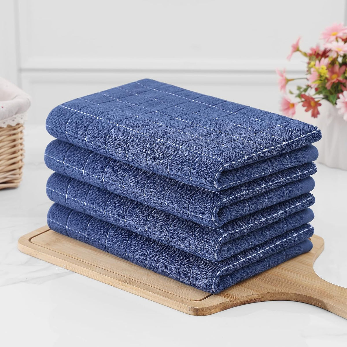 Homaxy 100% Cotton Terry Kitchen Towels(Navy Blue, 20 x 28 inches), Checkered Designed, Soft and Super Absorbent Dish Towels, Large 4 Pack
