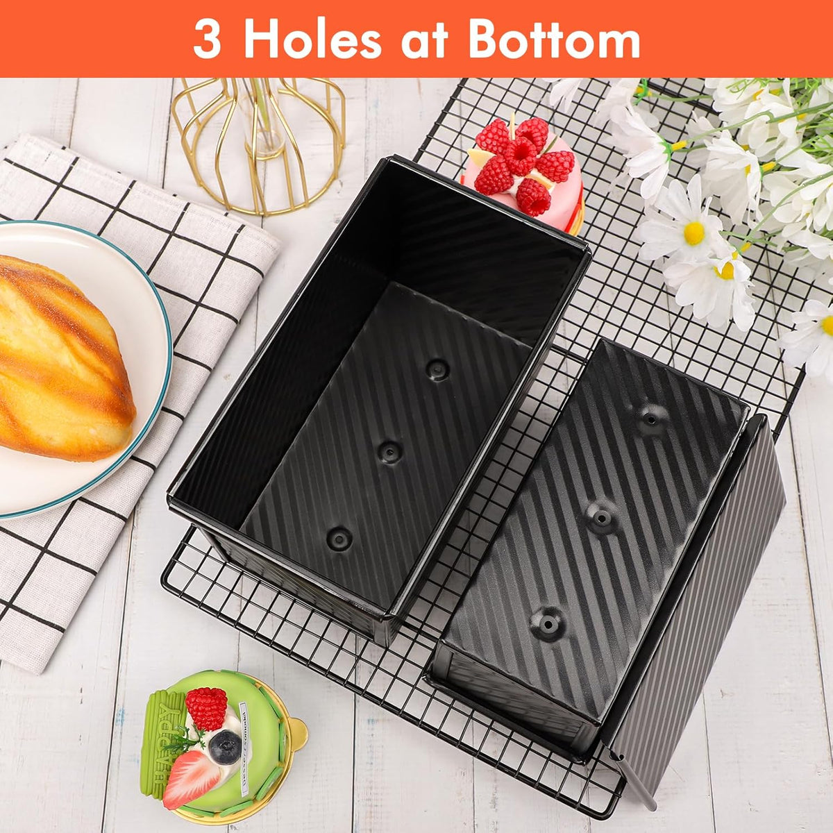Beasea Pullman Loaf Pan with Lid, 2 Pack Non-Stick Bread Loaf Pans 1 lb & 0.5 lb Carbon Steel Bread Toast Box with Dough Scraper for Homemade Bread Toast Oven Baking - Black