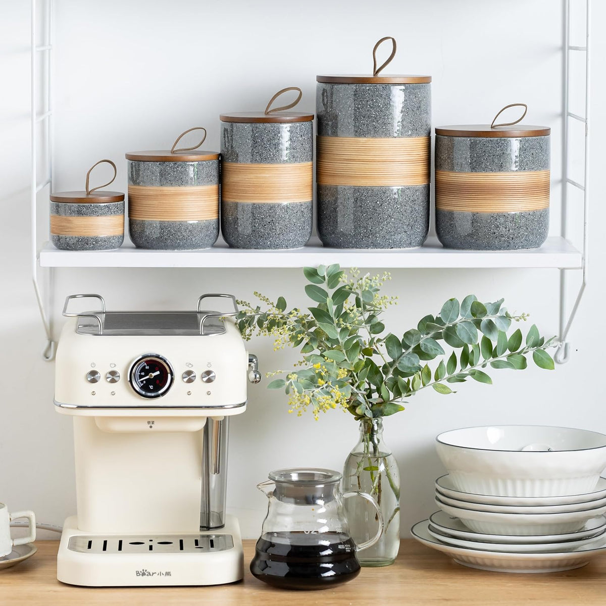 Spice Jars with Airtight Lid, Coffee Container Canister Kitchen Food Storage Jars for Spice Sugar Tea Bag, Stackable Decorative Jars for Countertop, Grey & 37oz