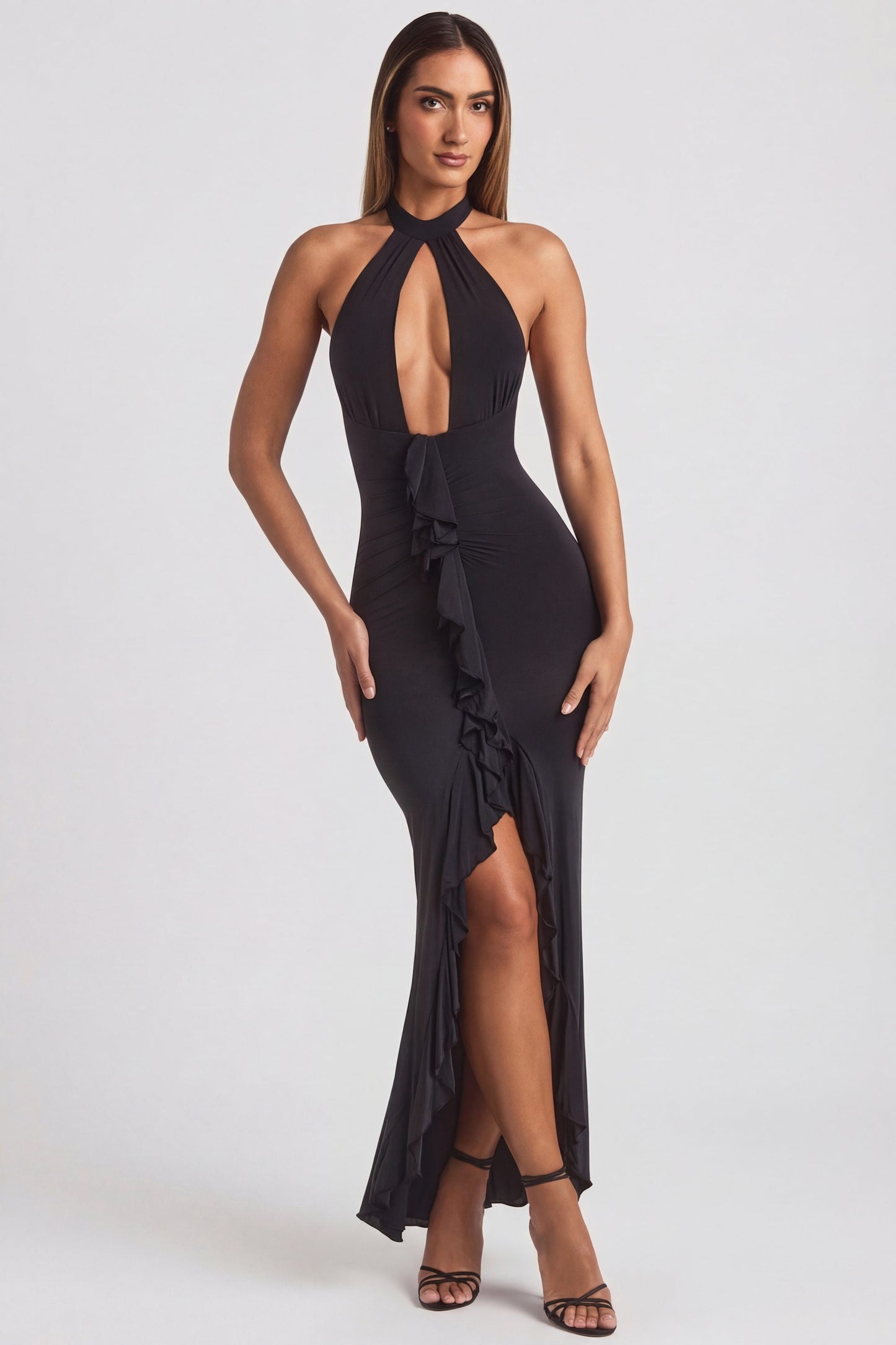 Ruffle-Trim Halterneck Gown in Black
