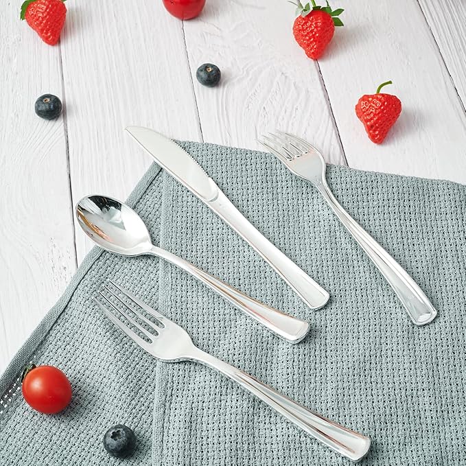 FOCUSLINE 300 Pack Disposable Silver Plastic Knives, Solid and Durable Plastic Cutlery Knives, Heavy Duty Disposable Utensil Silverware for Catering, Parties, Dinners, Weddings
