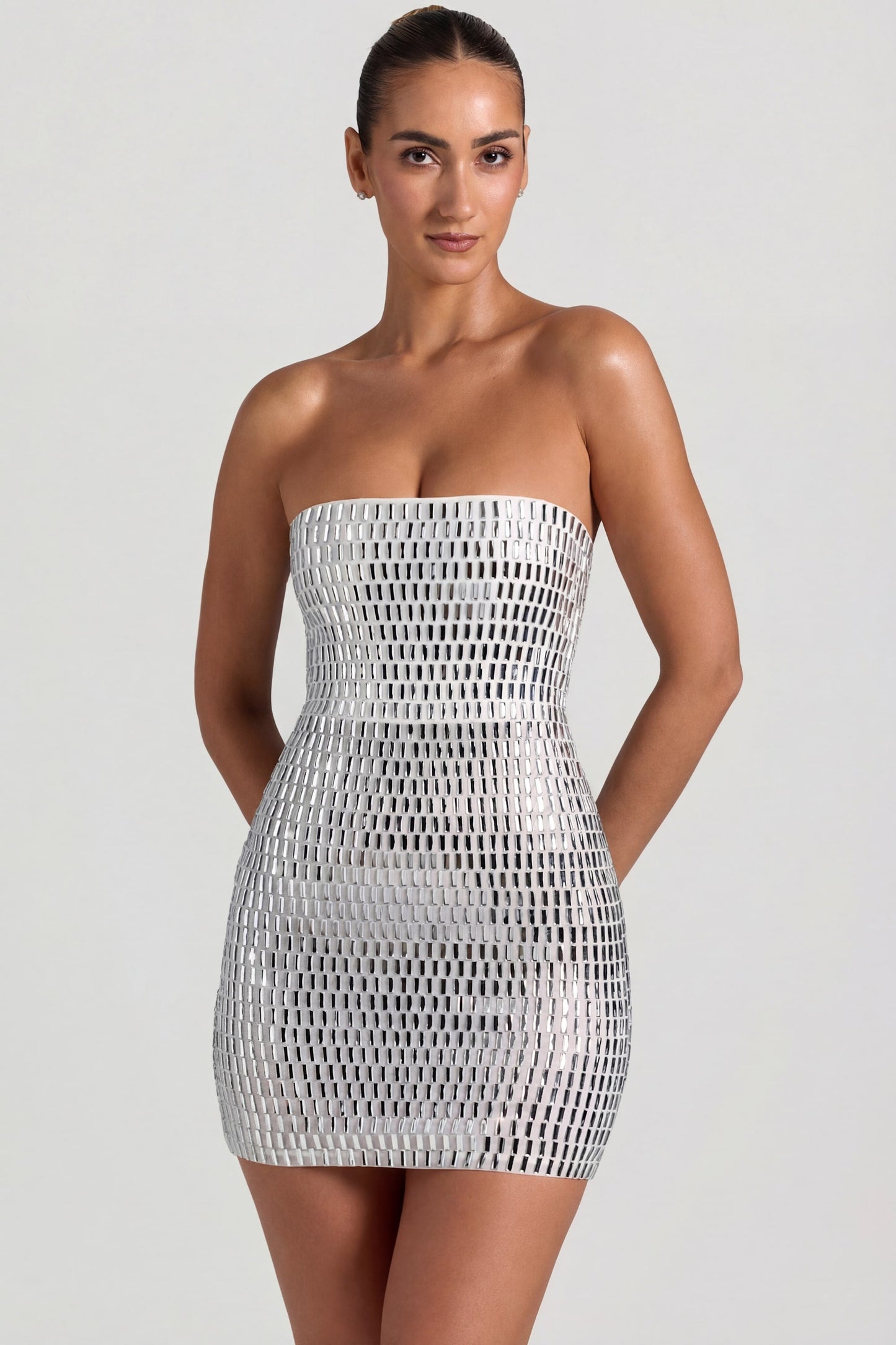 Embellished Bandeau Mini Dress in White