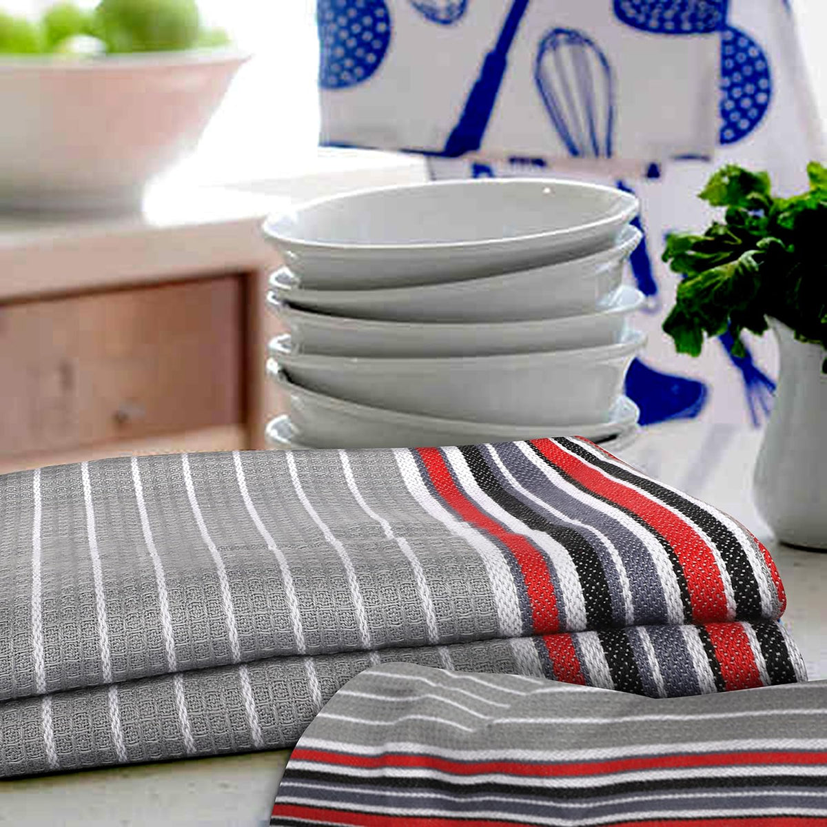 Urban Villa Kitchen Towels Waffle Stripes Dish Towels for Kitchen Grey Color Set of 6 Kitchen Towels Highly Absorbent Cotton Over Sized 20X30 in with Mitered Corners Kitchen Hand Tea Towels