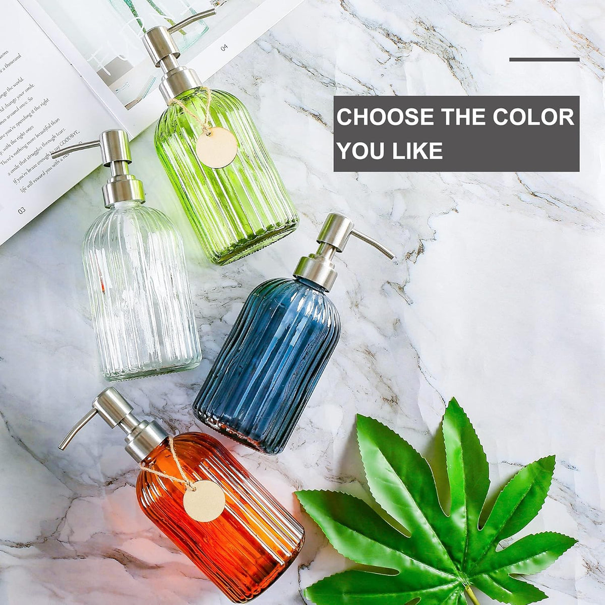 16 OZ Soap Dispenser,Tempered Glass Clear Vertical Stripe with 304 Rust Proof Stainless Steel Pump Refillable Liquid Hand Soap Dispenser,for Bathroom, Kitchen, Dish Soap,Lotion (Green)