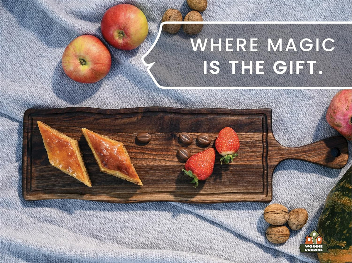 Elegant American Black Walnut Wood Long Serving Board with Handle - Charcuterie Wooden Board - Stylish Versatility for Culinary Delights - Reversible with Juice Groove - 19x6x0.8 in - Woodie Poppins