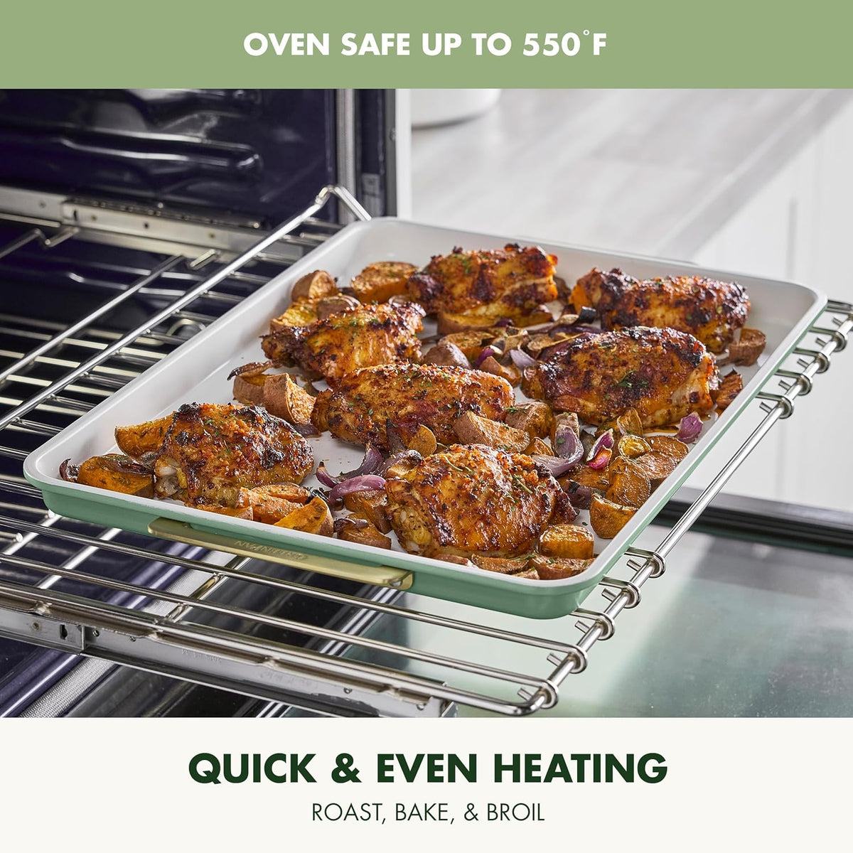 GreenPan Bakeware 13"x18" Half Baking Sheet Pan, Ceramic Nonstick Baking Pan, PFAS & BPA Free, Gold Handles, Durable Steel, Versatile & Space Saving Ovenware, Freezer to Oven Dish, Sage Green