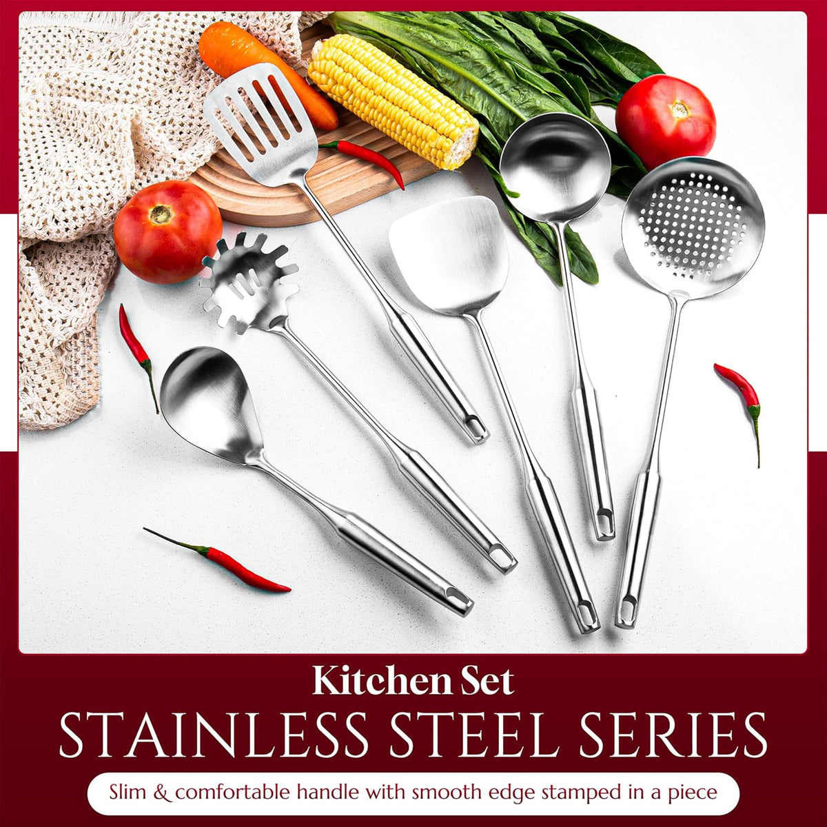 6 Pc Stainless Steel Cooking Utensils Set with Ergonomic Handles – Heat Resistant Kitchen Tools Includes Slotted Spatula, Skimmer Ladle, Spatula, Serving Spoon, Pasta Spoon Ideal for Cooking