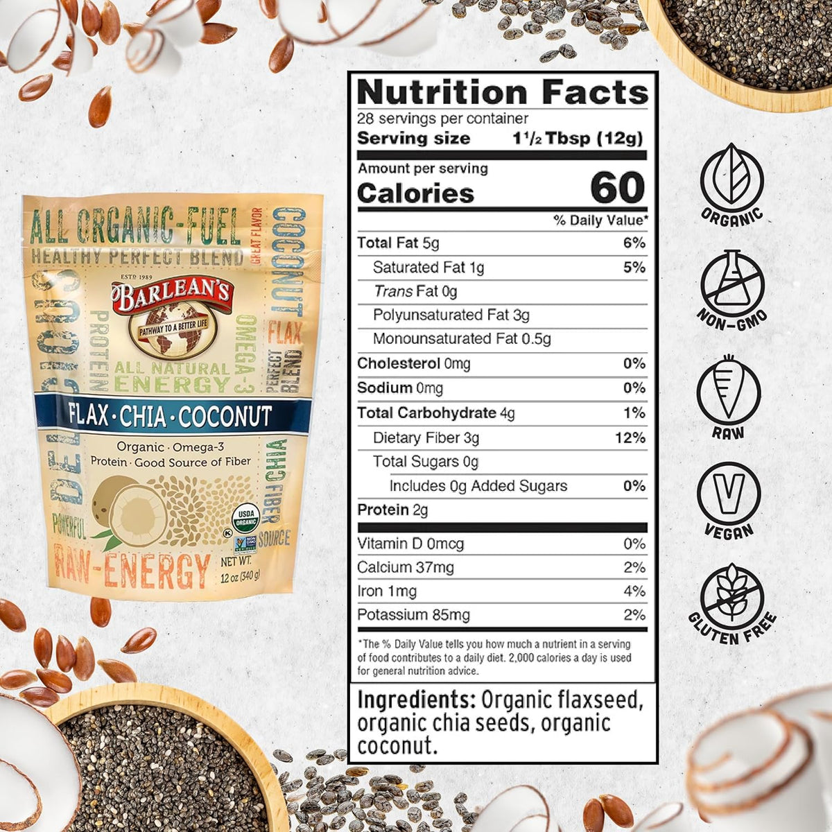 Barlean's Organic Flax Chia Coconut Seed Blend with 2,330 mg Omega 3 Fatty Acids, Fiber Supplement with Whole Chia Seeds and Ground Flaxseed, 12 oz