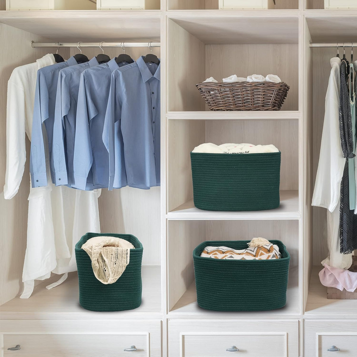 Cotton Rope storage Basket Bins14.5X9.5X9.3“ Basket for Organizing Shelves Rectangle Decorative Baskets For storage Clothes Toys Books Towels Square Wicker Nursery basket organizer 3 pack Dark green
