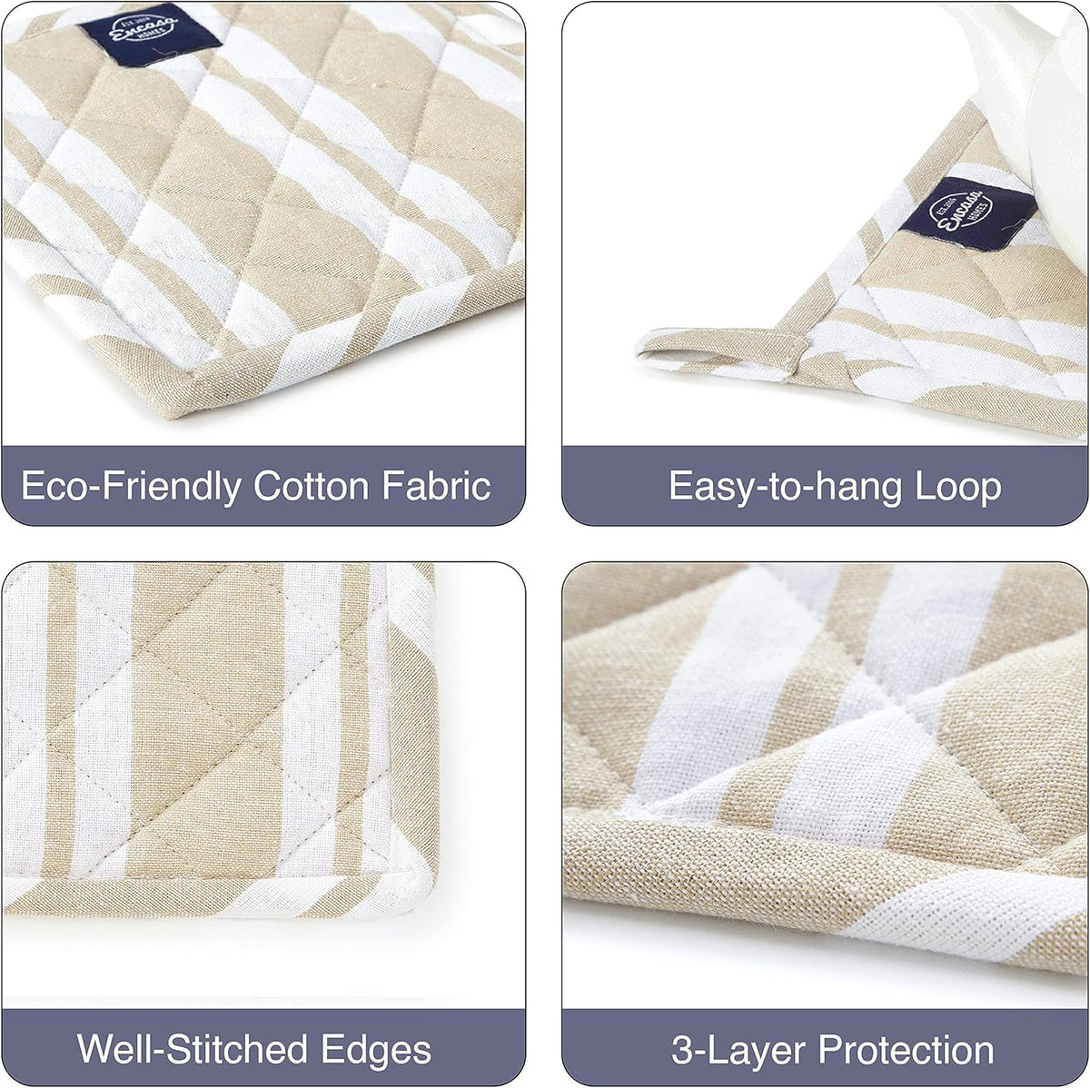 Encasa Homes 8 inches Oven Microwave Potholders (2 pc Set) for Kitchen Cooking & Baking - Heat Resistant, Thick & Safe, Protection of Hands from Hot Utensils - Franca Beige Stripes