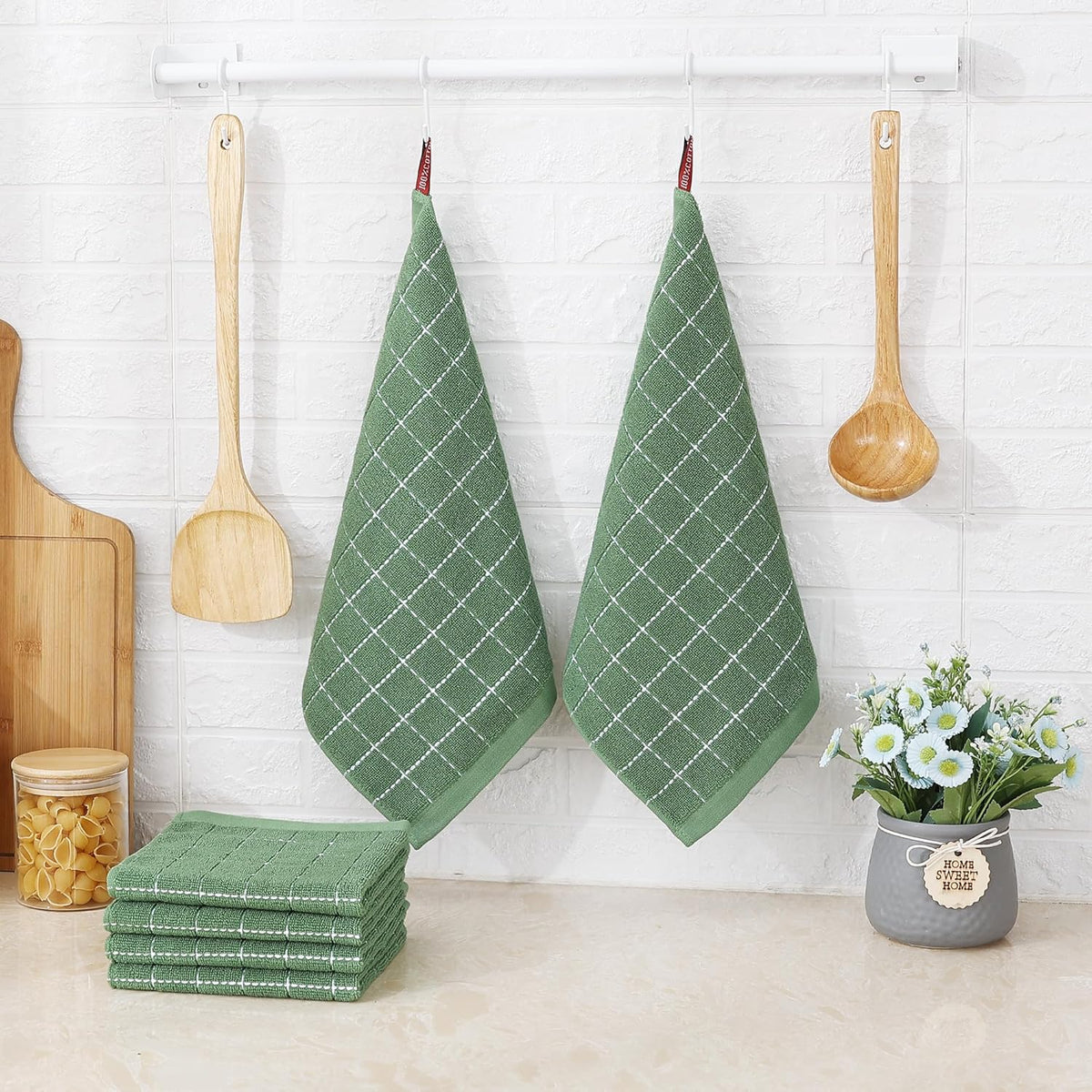 Homaxy 100% Cotton Terry Kitchen Dish Cloths, Ultra Soft and Absorbent Dish Towels for Kitchen, Suitable for Drying and Washing Dishes, 8 Pack, 12 x 12 Inches, Grass Green