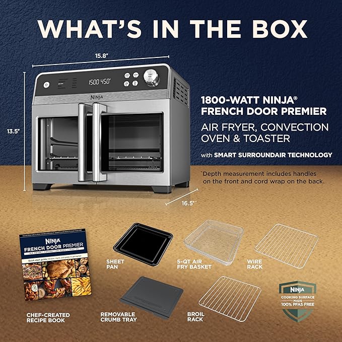 Ninja | French Door Premier | Air Fryer, Convection Oven, Toaster | 5-qt Air Fry Basket, Sheet Pan, Wire Rack, Broil Rack | PFAS-free Cooking Surface, Dishwasher-safe Accessories | FO101 (NEW)