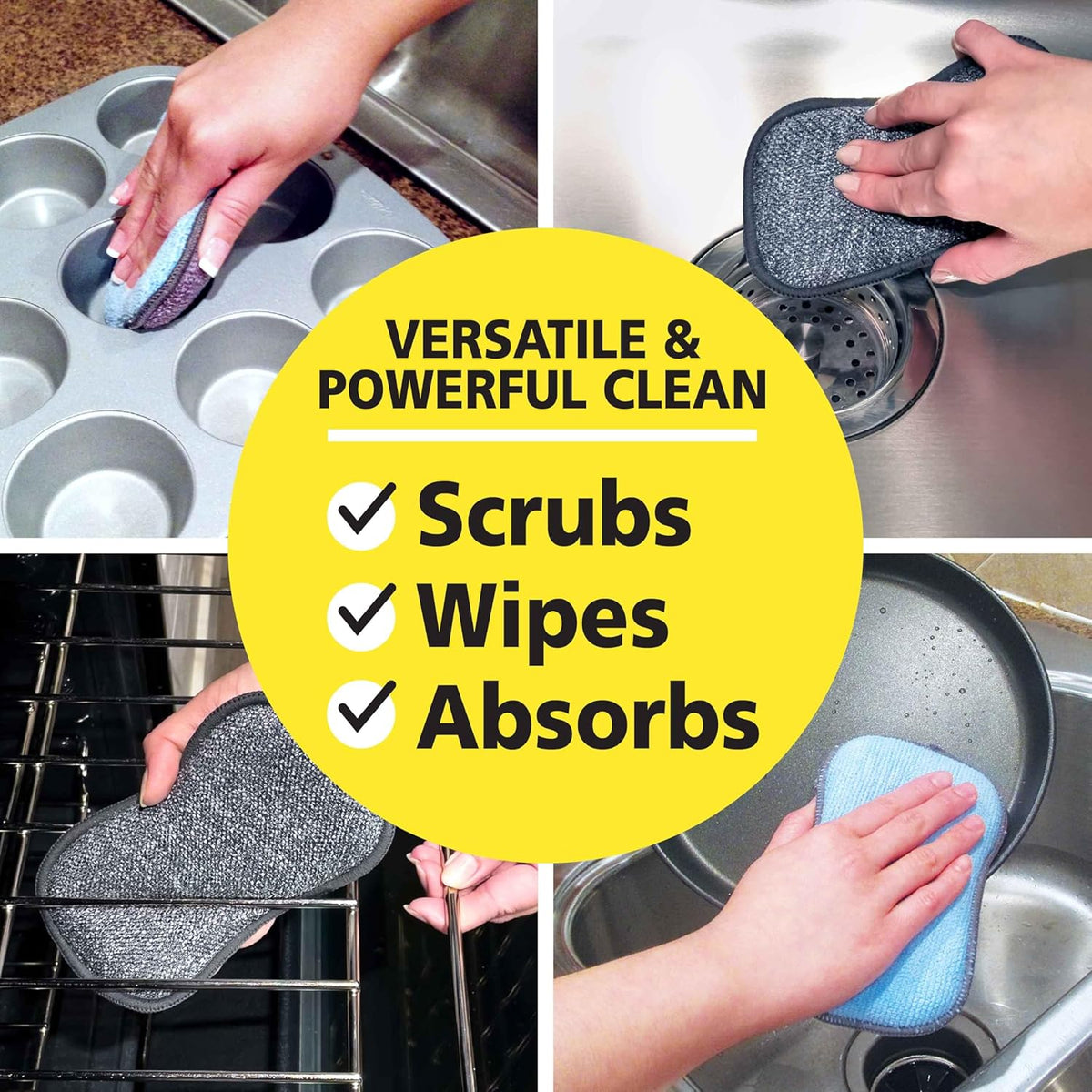Original Scrub-N-Wipe Pad by Tuff-Scrub, 6-Pack, Microfiber, Multi-Surface, Non-Scratch, Dual-Sided, Scrubber for Dishes, Sinks, Non-Stick Cookware – Machine Washable, Durable Kitchen Sponge (Large)