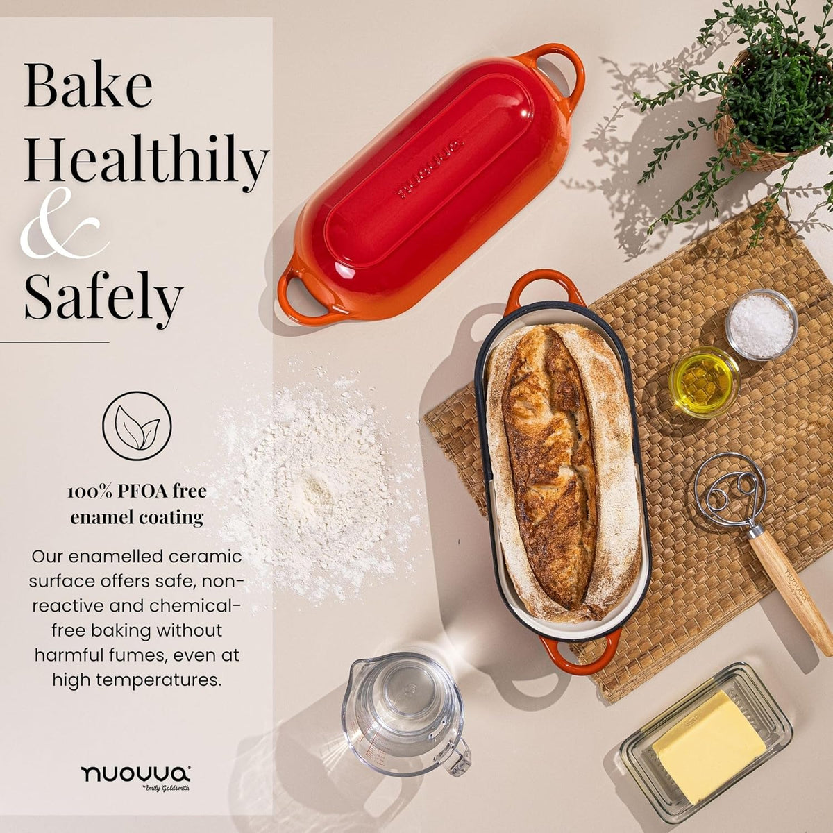 Enamelled Cast Iron Bread Loaf Pot – Dutch Oven For Sourdough Bread Baking – Oven Safe Non Stick Bread Pot – Rectangular, Orange, 34cm x 16cm – by Nuovva