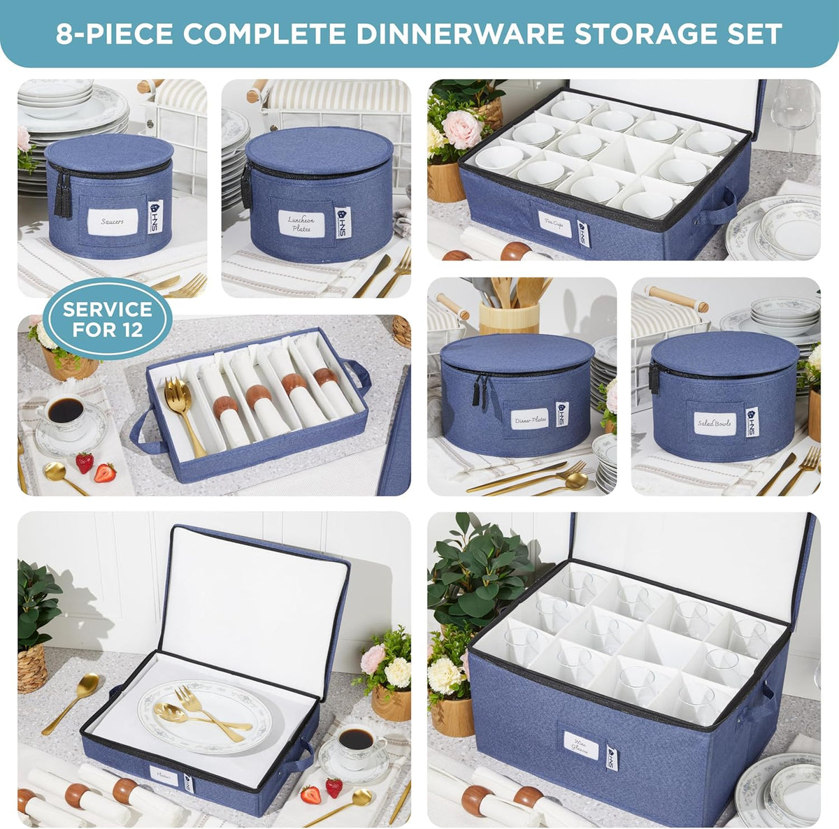 Hard Shell China Storage Containers 8-Piece Set Moving Boxes for Dinnerware, Glasses, Plates, Mugs and Saucers Sturdy Dish Organizer with Dividers for Seasonal Storage - Service for 12 - Denim Blue