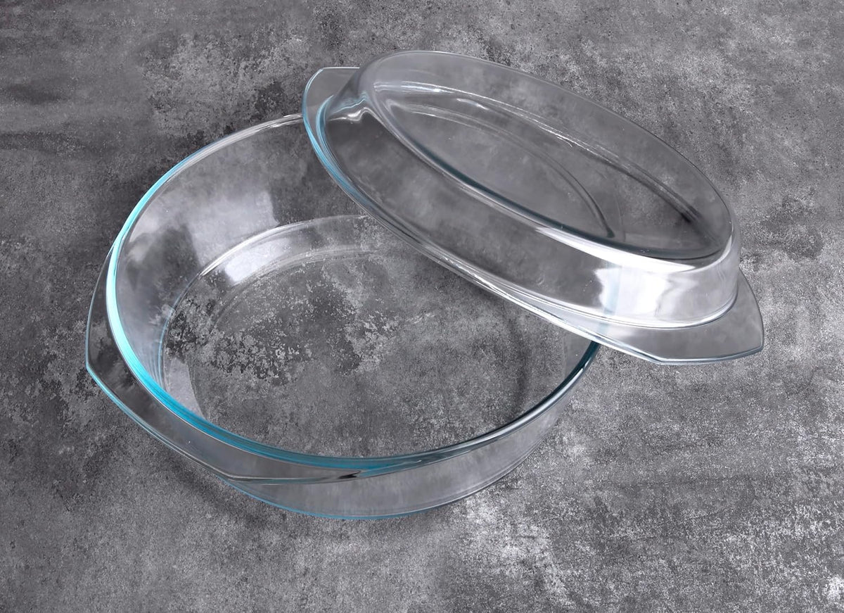 Round Tempered Glass Casserole Dish with Lid, Glass Casserole Baking Dish. Oven Freezer and Dishwasher Safe. - 4QT