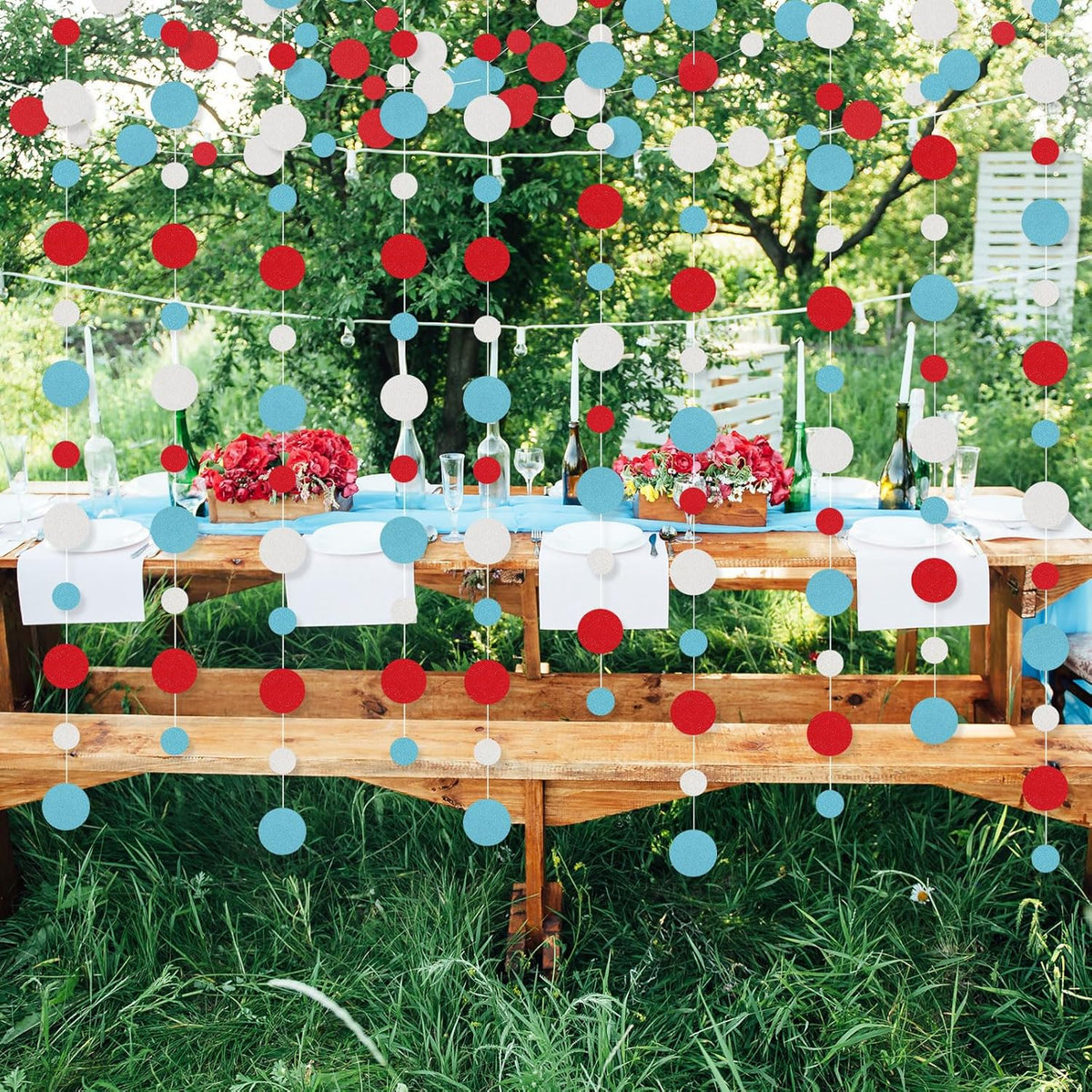 Outus 5 Pieces Colorful Dots Paper Garland Round Glitter Garland Hanging Confetti Streamers Backdrop Decoration for Birthday Classroom Candy Sprinkles Trunk or Treat Party (Light Blue,White,Red)