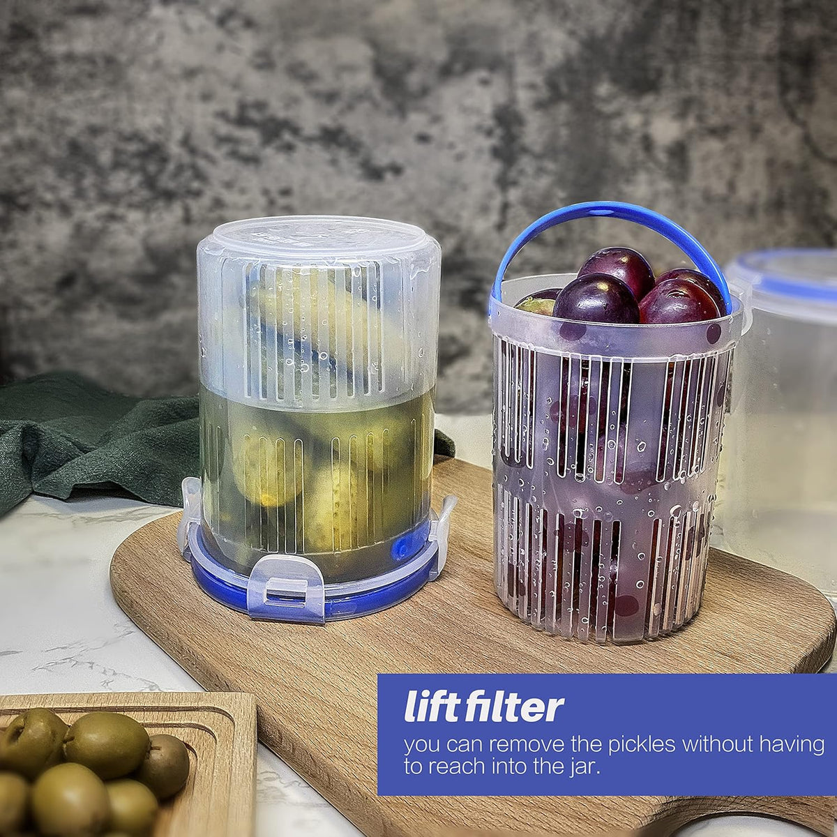 Pickle Jar 24 oz pickle container with strainer Pickle Holder Keeper Lifter, pickle storage container pickle strainer, Flip Jar with Leak Proof and Lock It Lid