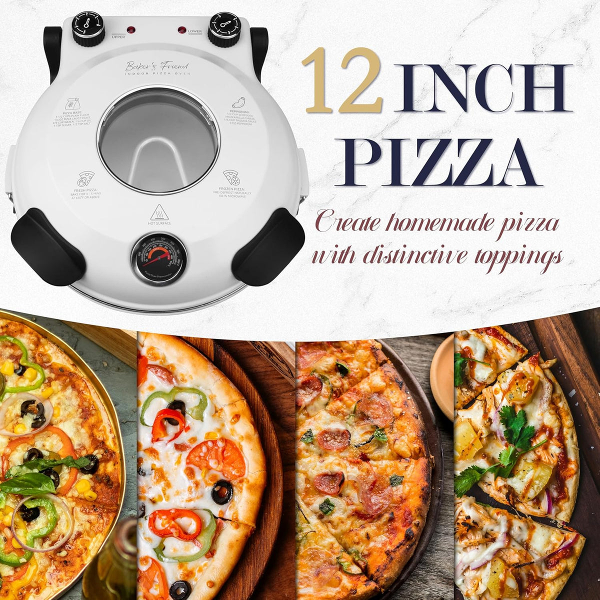 Baker's Friend Electric Pizza Oven Indoor Countertop, 12 Inch Maker Machine for Home, Cooker & Grill, Premium Glazed Ceramic Stone Oven, Creamy White