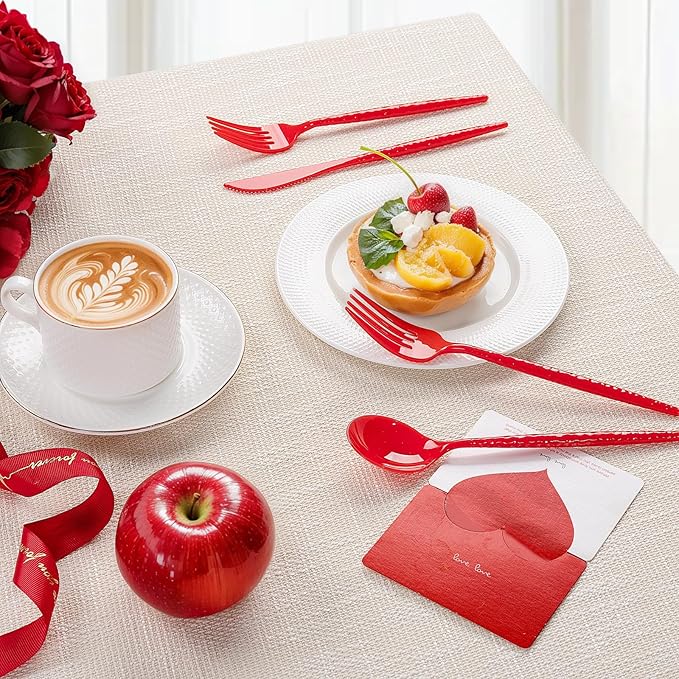 LIYH 150 Pcs Red Plastic Cutlery Sets - Red Plastic Silverware Heavyduty, Disposable Utensil Sets, 50 of Each Forks, Knives & Spoons Flatware Set for Party Birthday