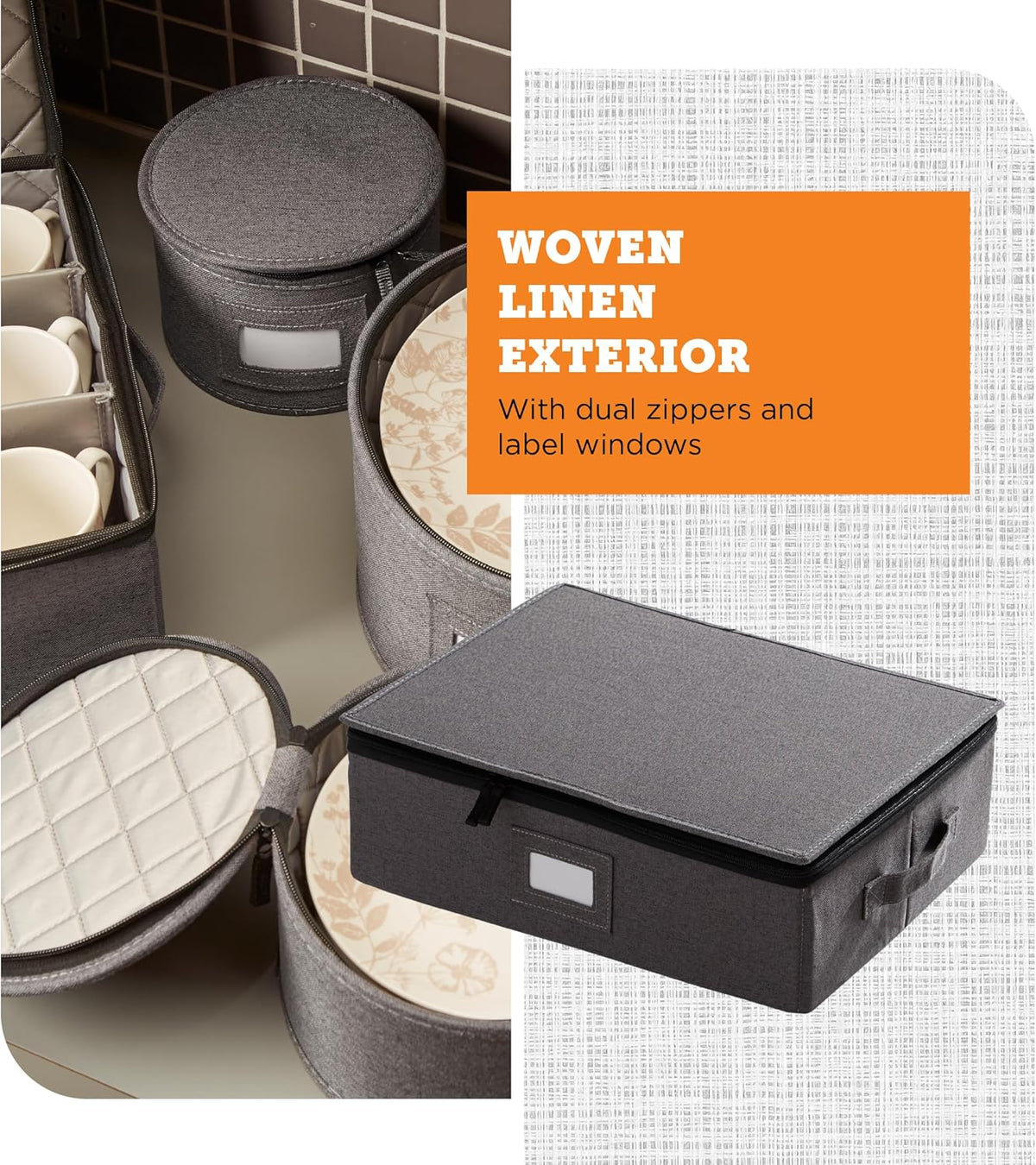 storageLAB China Storage Containers, Hard Shell Case with Felt Dividers for Charger Plates, and Dishes, Ideal for Kitchen Organization, Moving Supplies, and Fine China Storage - 5-Piece Set, Gray