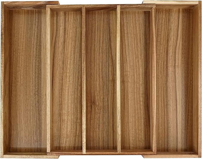 Luxury Acacia Silverware Organizer -Kitchen Drawer Organizer - Utensil Holder and Cutlery Organizer with Grooved Drawer Dividers for Flatware and Kitchen Utensils (5 Slot)