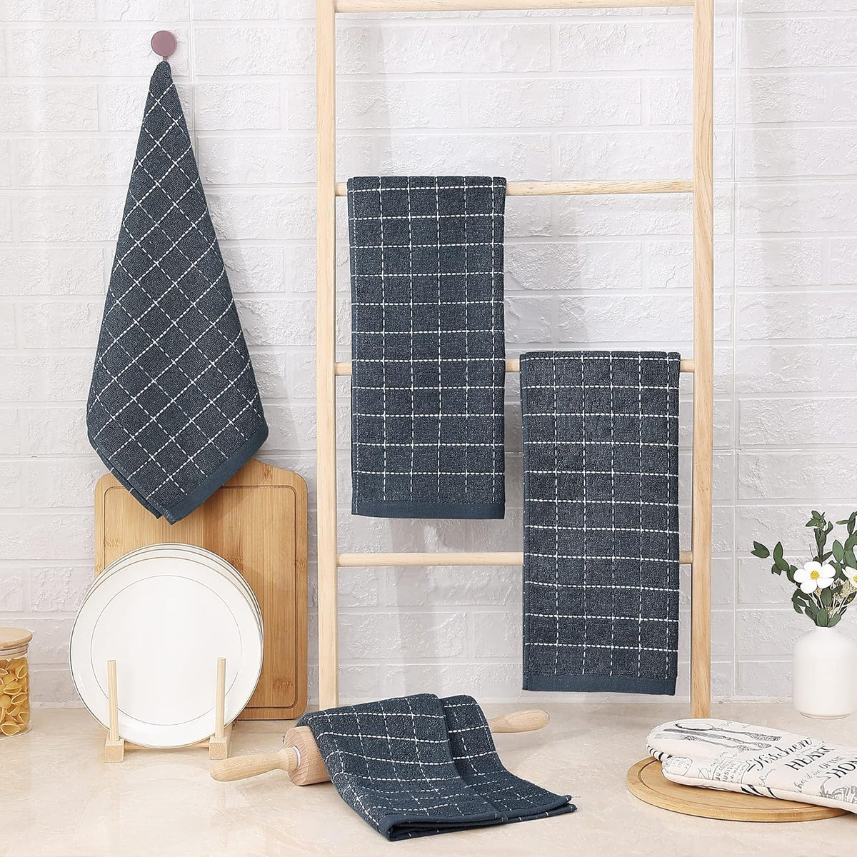 Homaxy 100% Cotton Terry Kitchen Towels(Dark Grey, 13 x 28 inches), Checkered Designed, Soft and Super Absorbent Dish Towels, 4 Pack