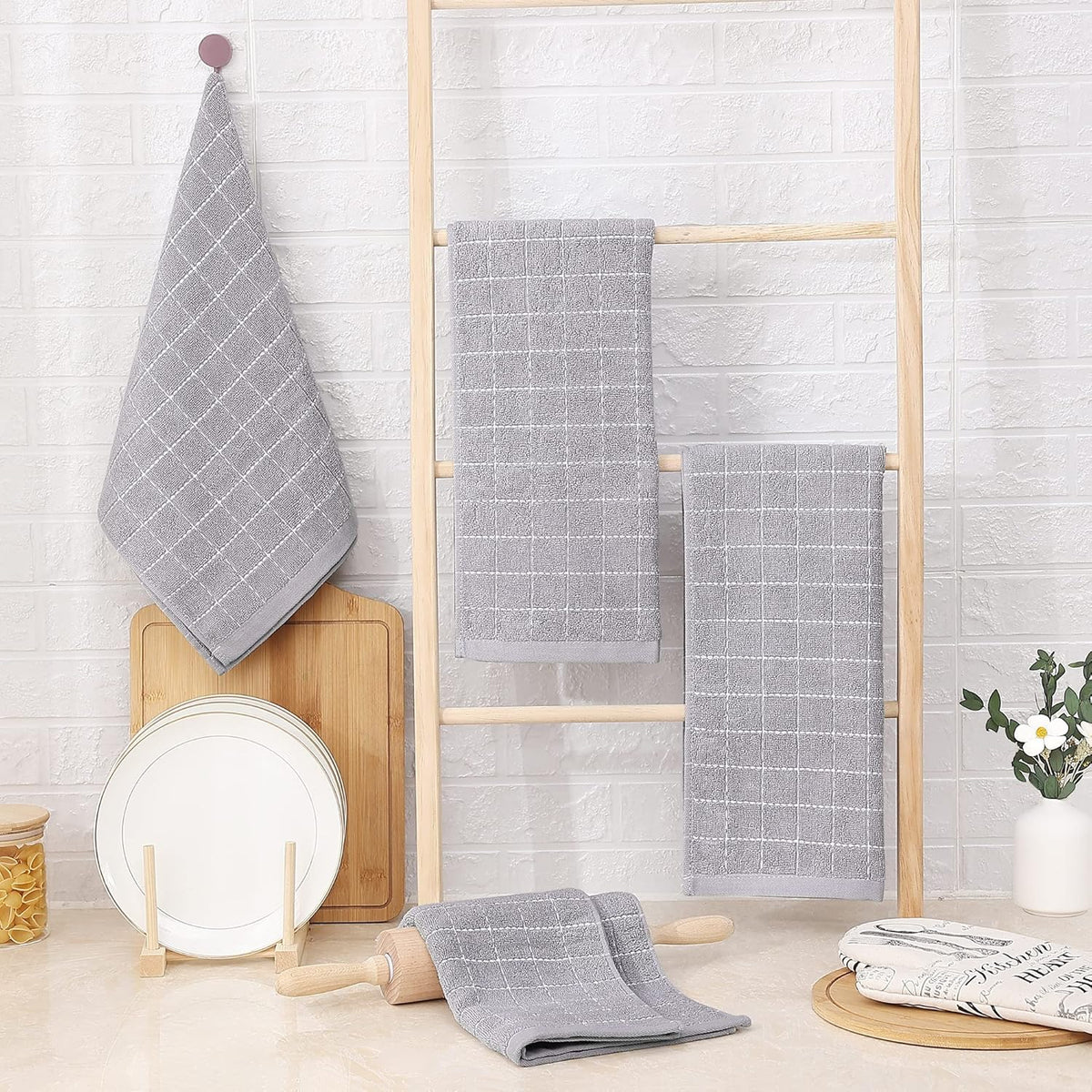 Homaxy 100% Cotton Terry Kitchen Towels(Light Grey, 13 x 28 inches), Checkered Designed, Soft and Super Absorbent Dish Towels, 8 Pack