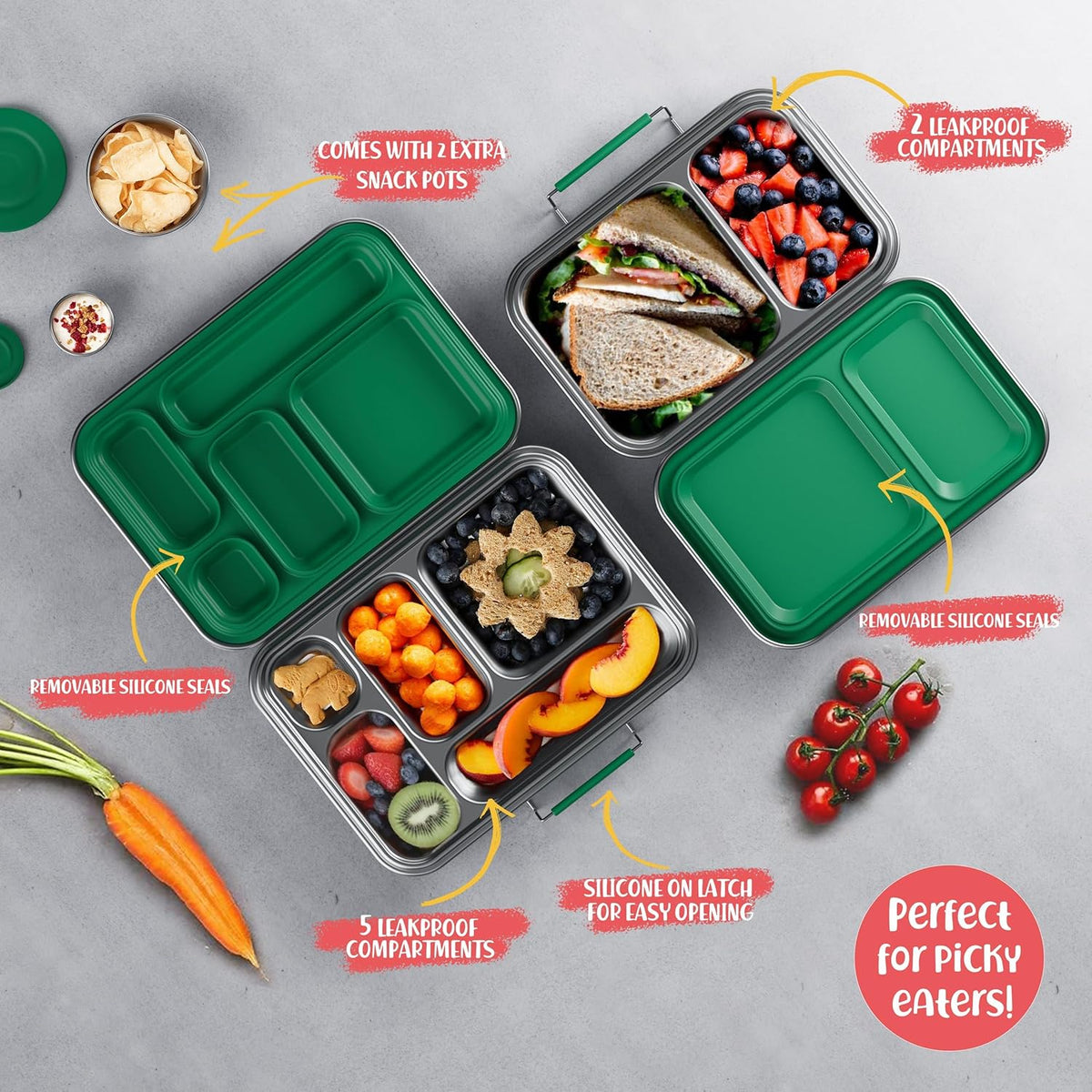 Stainless Steel Bento Box Kids, Kids Metal Bento Lunch Box BPA Free Lunch Box Containers 304 Stainless Steel Bento Box for School and Office(Green)