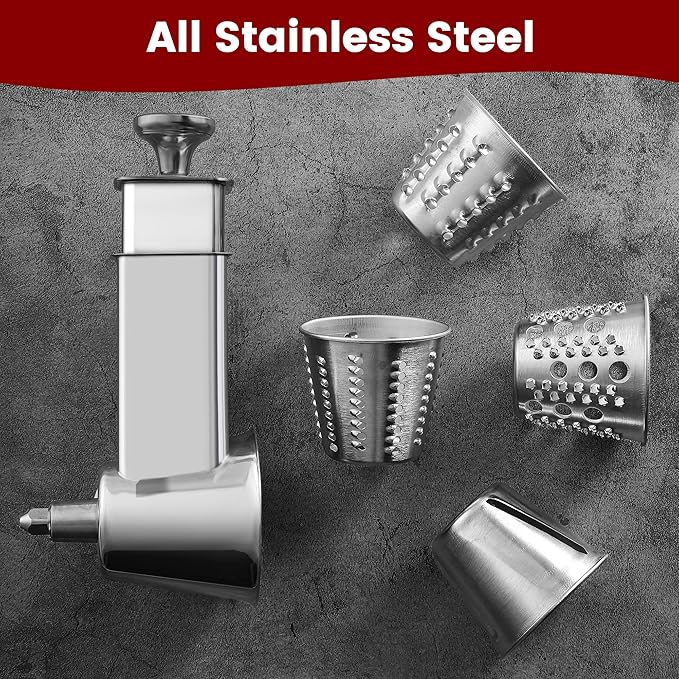 Stainless Steel Slicer Shredder Attachment for KitchenAid Mixers, Dishwasher Safe Cheese Grater Attachment, Food Slicer & Vegetable Chopper Accessory-4 Blades