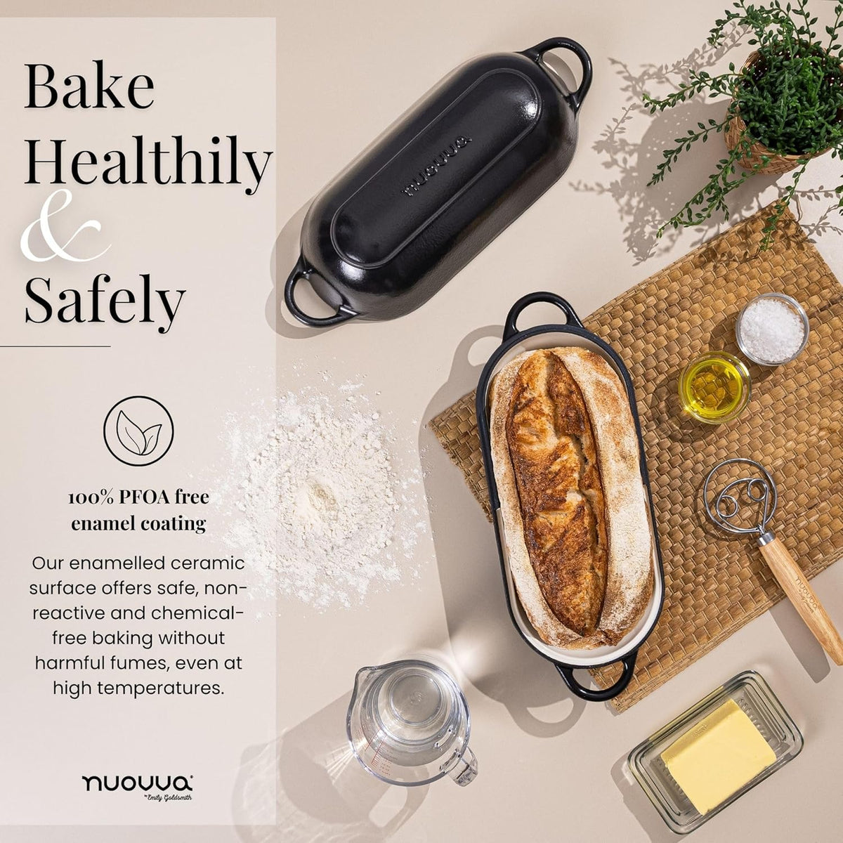 Enamelled Cast Iron Bread Loaf Pot – Dutch Oven For Sourdough Bread Baking – Oven Safe Non Stick Bread Pot – Rectangular, Black, 34cm x 16cm – by Nuovva