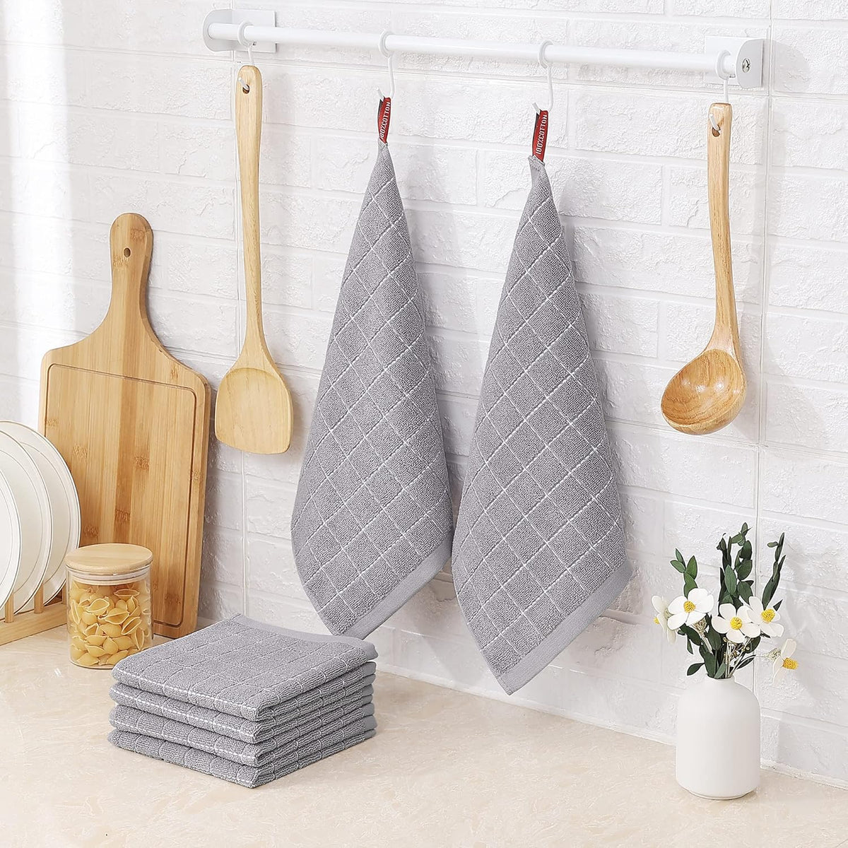 Homaxy 100% Cotton Terry Kitchen Dish Cloths, Ultra Soft and Absorbent Dish Towels for Kitchen, Suitable for Drying and Washing Dishes, 12 Pack, 12 x 12 Inches, Light Grey