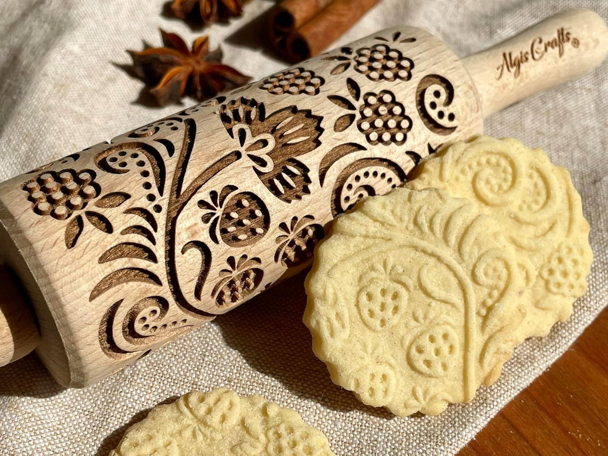 SEASONS 3 Mini Embossed Rolling Pin Set. Wooden Laser Cut Mini Rolling Pins for cookies or clay with spring flowers, tulips, daffodils, strawberries, raspberries, birch, trees by Algis Crafts