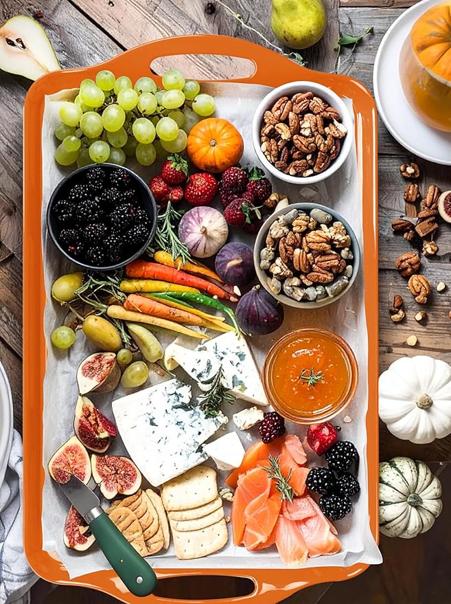 Extra Large Fall Thanksgiving Serving Tray with Handles, 19''x11.6'' Melamine Platters, Rectangular Trays for Serving Food, Turkey, Cookie, Cupcakes, Desserts, Dishwasher Safe, BPA-Free, Set of 2