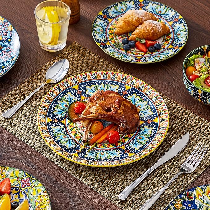 vancasso 18 Pieces Dinnerware Sets, Plates and Bowls Set, Porcelain Dishes Set for 6, Microwave and Dishwasher Safe, Scratch Resistant, Bohemian Style Dining Ware Service for 6, Series SIMI