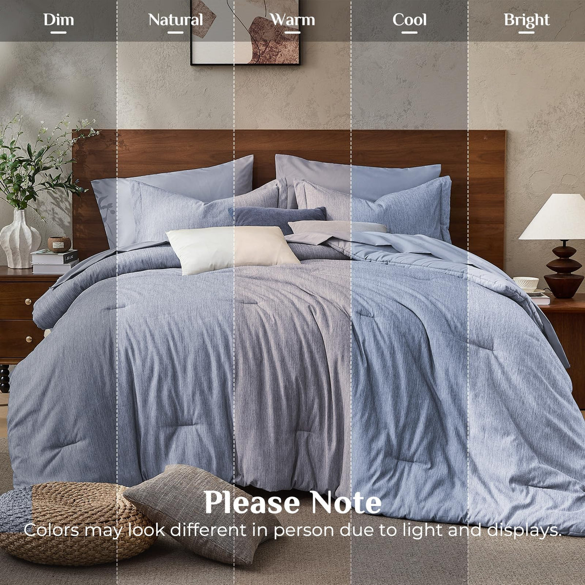 JOLLYVOGUE Navy Blue Queen Comforter Set, Cationic Dyeing Bed in a Bag Queen 7 Pieces, Double-Tone Bedding Set with Down Alternative Comforter, Sheets, Pillowcases & Shams