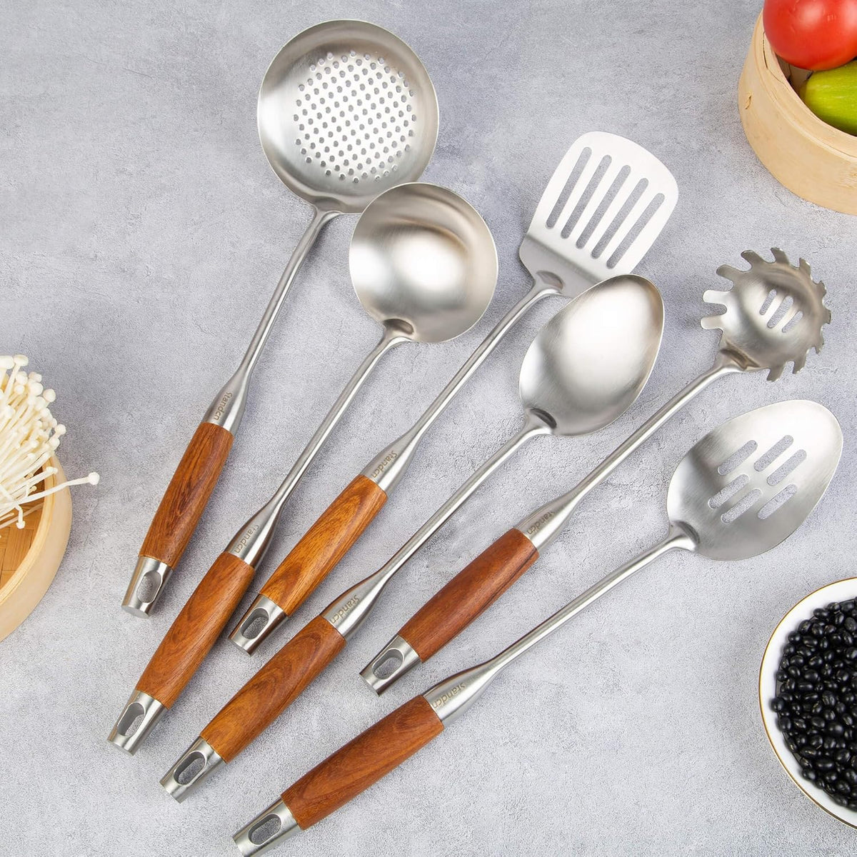 18/10 Stainless Steel Kitchen Utensils Set with Wood Handle - 15” Long Metal Cooking Tools - Serving Solid/Slotted Spoon, Tunner, Skimmer, Soup Ladle, Spaghetti Spoon, Large Spoons Set of 6