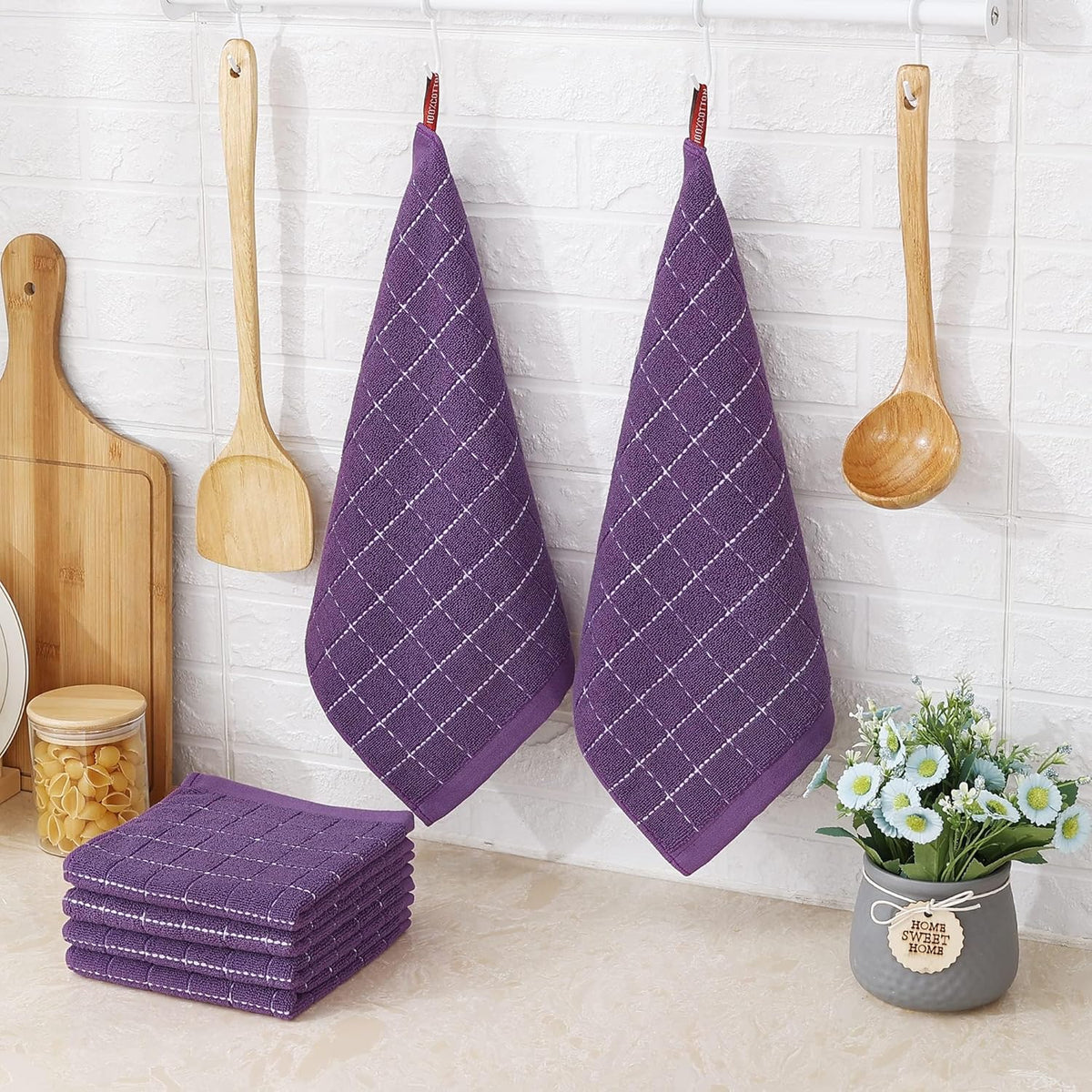 Homaxy 100% Cotton Terry Kitchen Dish Cloths, Ultra Soft and Absorbent Dish Towels for Kitchen, Suitable for Drying and Washing Dishes, 8 Pack, 12 x 12 Inches, Purple