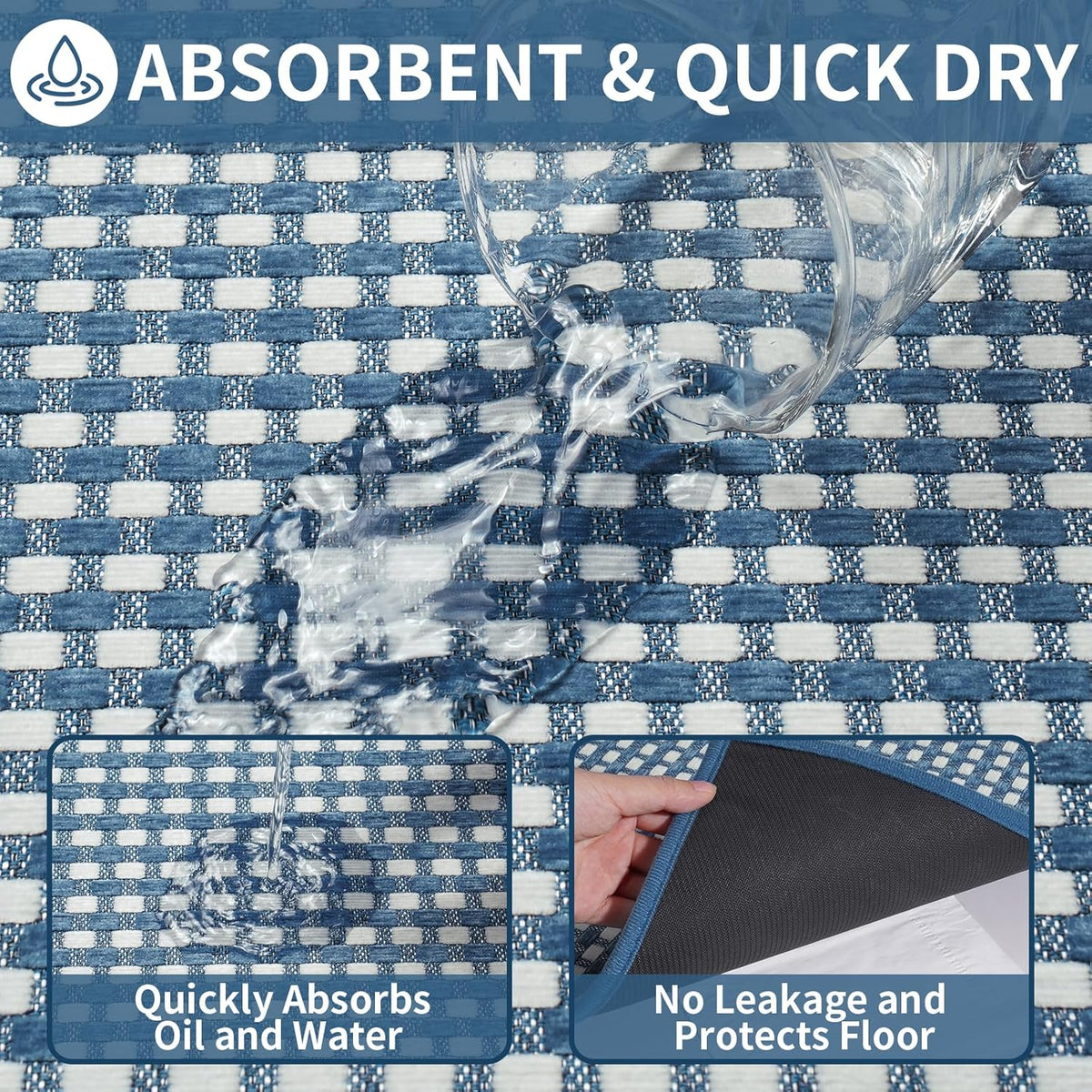 Kitchen Runner Rugs Non Slip Washable, Super Absorbent Soft Chenille Braided Kitchen Mats for Floor Rubber Backing Sink Mat Standing Hallway Floor Mat, Easy Clean, Blue 17"x59"