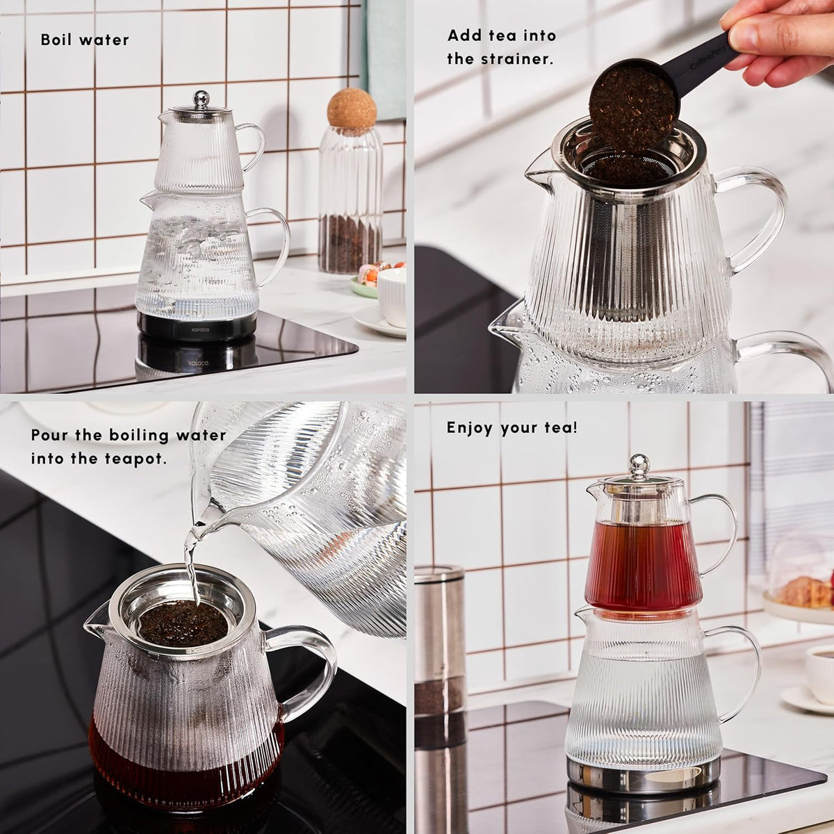 Karaca Keops Turkish Teapot with Infuser and Lid (450 ml Tea Pot & 1500 ml Induction Kettle) - Borosilicate Glass Teapot Set for Stovetops - Clear Tea Maker with 10-15 Cups Capacity